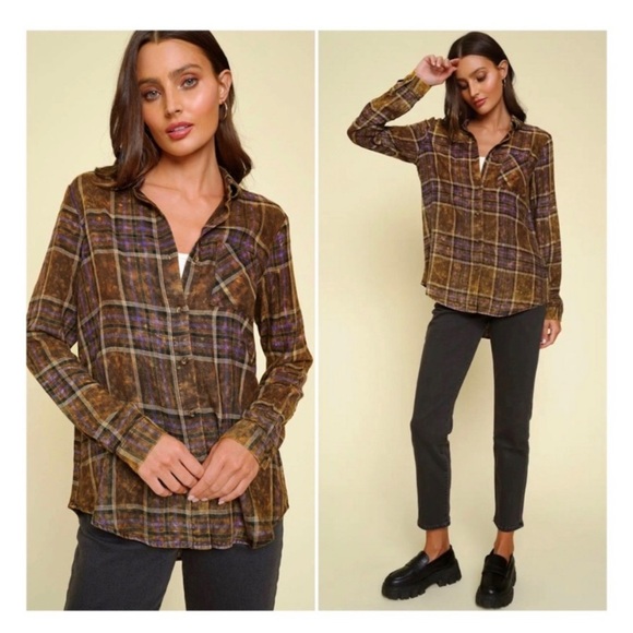 MYSTREE BOUTIQUE Washed Plaid Flannel Top - Picture 1 of 9